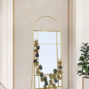 Miroir sur pied décoratif doré avec feuillage 2