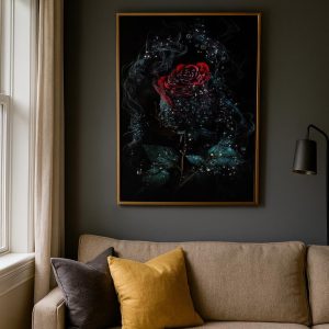 Peinture Rose Rouge Lumineuse - Toile Florale Mystérieuse, Art Sombre