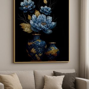 Peinture Lotus Bleu Fond Sombre - Art Floral Mystique, Déco Zen