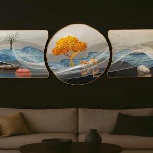 Triptyque Arbre Doré Décoratif - Tableau Luxe Nature, Déco Murale Prestige