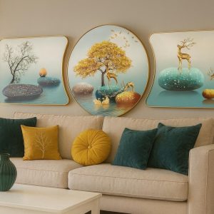 Triptyque Lac Arbre Jaune - Tableau Paysage Nature, Déco Grand Format