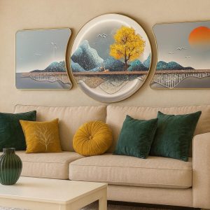 Set Arbre Doré Montagne Grise - Tableau Nature Luxe, Déco Murale Design