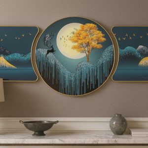 Triptyque Arbre Doré Luxueux - Grand Tableau Nature, Déco Prestigieuse