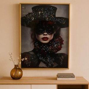 Portrait Femme Chapeau Noir Fleurs Rouges - Art Vintage Coloré
