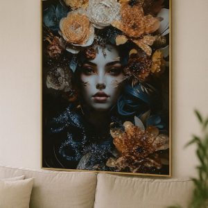 Portrait Femme Floral Orange Vif - Tableau Tendance, Décoration Moderne Salon