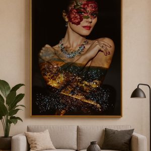 Tableau Femme Robe Dorée - Portrait Élégant, Décoration de Luxe