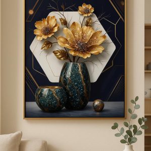 Tableau Vase de Fleurs Doré - Nature Morte Luxueuse, Déco Élégante